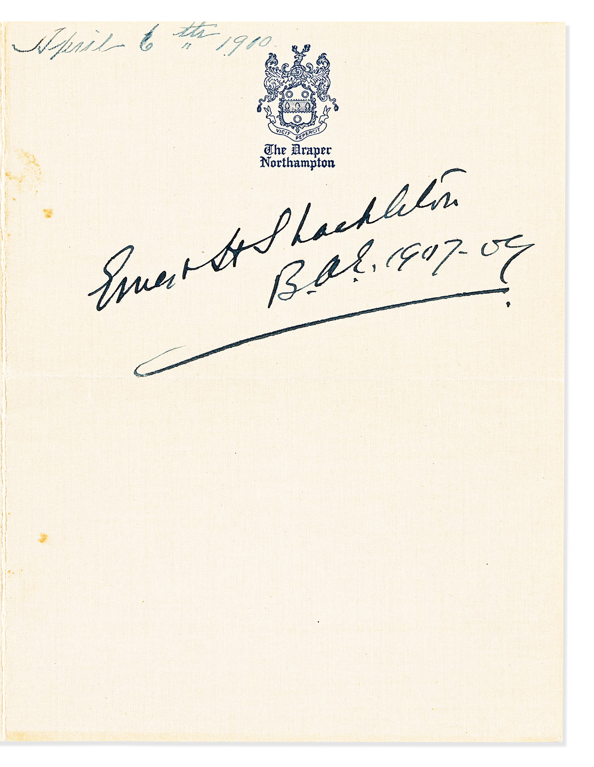 SHACKLETON, ERNEST HENRY. Signature, ErnestHShackleton / B[ritish]A[ntarctic]E[xpedition] 1907-09,